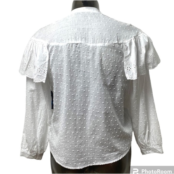 ALICE BLUE WHITE EYELET CREW NECK BUTTON DOWN LONG SLEEVE TOP BLOUSE SIZE LARGE - Picture 5 of 12